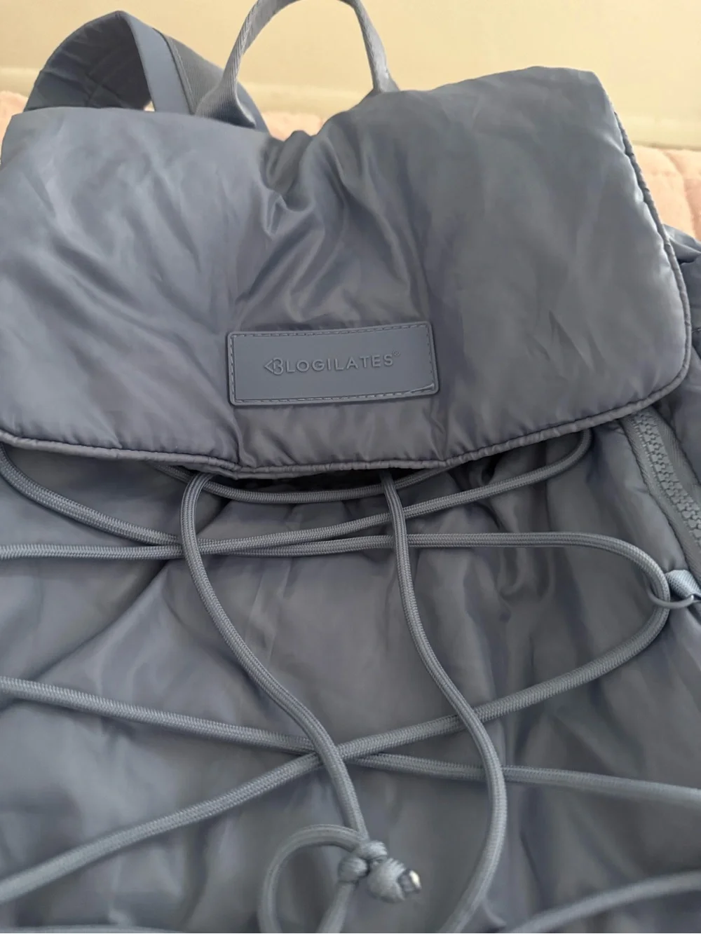 Blue Quilted Nylon Drawstring Backpack - Picture 2 of 5